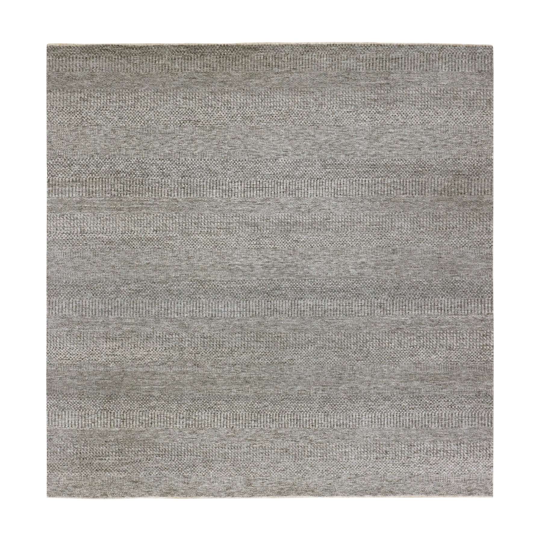 8'x8' Glacier Gray, Bohemian Modern Grass Design, Tone on Tone, Hand Knotted, Pure Undyed Wool, Square Oriental Rug